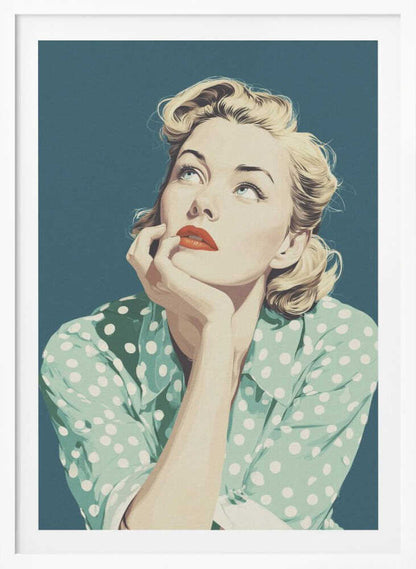 A vintage-style illustration of a blonde woman with red lipstick, wearing a green and white polka dot shirt. She is looking up thoughtfully with her chin resting on her hand against a solid teal blue background. Print