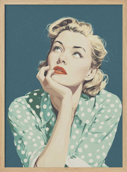 A vintage-style illustration of a blonde woman with red lipstick, wearing a green and white polka dot shirt. She is looking up thoughtfully with her chin resting on her hand against a solid teal blue background. Print