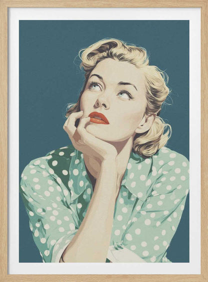 A vintage-style illustration of a blonde woman with red lipstick, wearing a green and white polka dot shirt. She is looking up thoughtfully with her chin resting on her hand against a solid teal blue background. Print