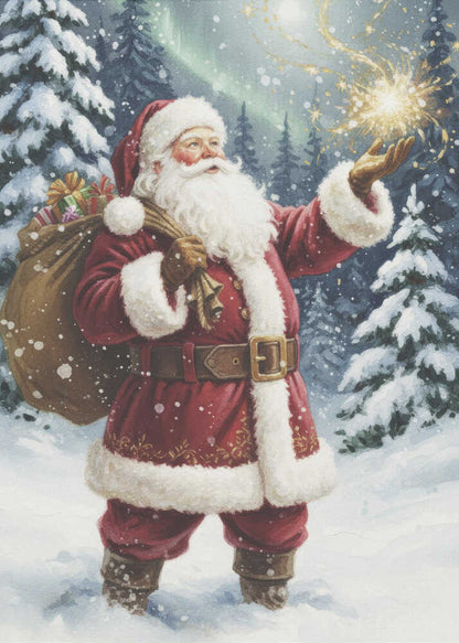 A classic painted portrait of Santa Claus in a red suit standing in a snowy evergreen forest at night. He holds a large sack of presents over his shoulder and looks up at a magical golden sparkler of light floating above his open palm. Print