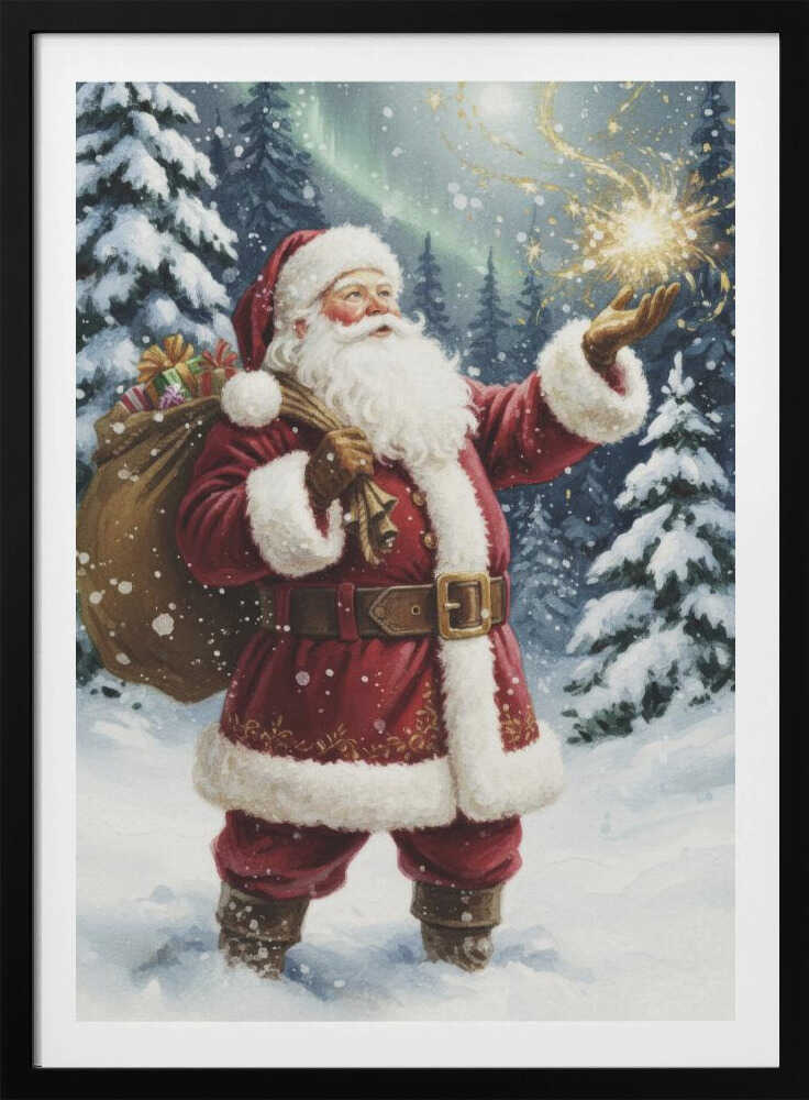 A classic painted portrait of Santa Claus in a red suit standing in a snowy evergreen forest at night. He holds a large sack of presents over his shoulder and looks up at a magical golden sparkler of light floating above his open palm. Print