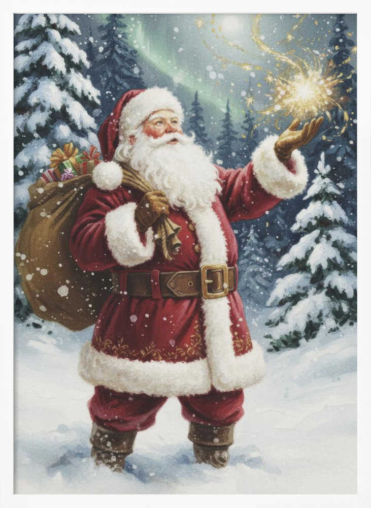 A classic painted portrait of Santa Claus in a red suit standing in a snowy evergreen forest at night. He holds a large sack of presents over his shoulder and looks up at a magical golden sparkler of light floating above his open palm. Print