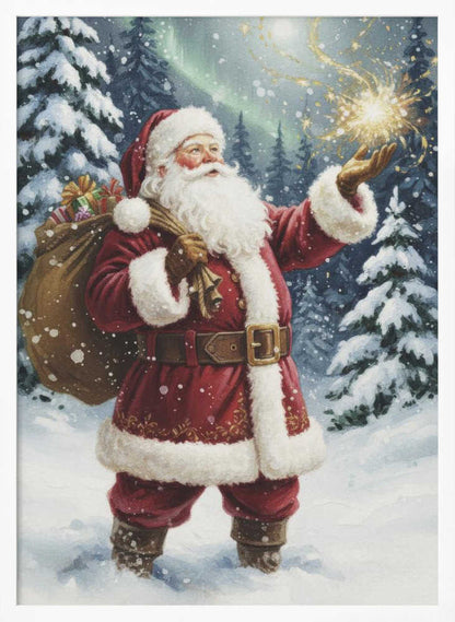 A classic painted portrait of Santa Claus in a red suit standing in a snowy evergreen forest at night. He holds a large sack of presents over his shoulder and looks up at a magical golden sparkler of light floating above his open palm. Print