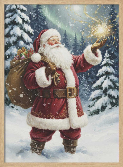 A classic painted portrait of Santa Claus in a red suit standing in a snowy evergreen forest at night. He holds a large sack of presents over his shoulder and looks up at a magical golden sparkler of light floating above his open palm. Print