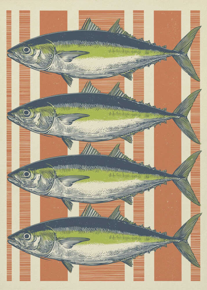 A vintage-style illustration of four identical fish, likely tuna, stacked horizontally against a background of vertical orange and off-white stripes. The fish are colored with blue backs, a lime green stripe, and a white underbelly, rendered in a detailed, retro print style. Print