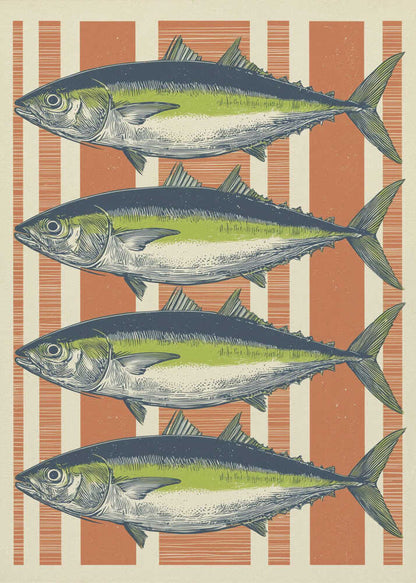A vintage-style illustration of four identical fish, likely tuna, stacked horizontally against a background of vertical orange and off-white stripes. The fish are colored with blue backs, a lime green stripe, and a white underbelly, rendered in a detailed, retro print style. Print