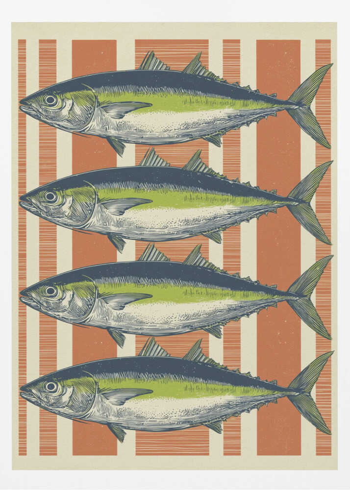 A vintage-style illustration of four identical fish, likely tuna, stacked horizontally against a background of vertical orange and off-white stripes. The fish are colored with blue backs, a lime green stripe, and a white underbelly, rendered in a detailed, retro print style. Print