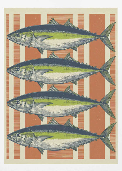 A vintage-style illustration of four identical fish, likely tuna, stacked horizontally against a background of vertical orange and off-white stripes. The fish are colored with blue backs, a lime green stripe, and a white underbelly, rendered in a detailed, retro print style. Print