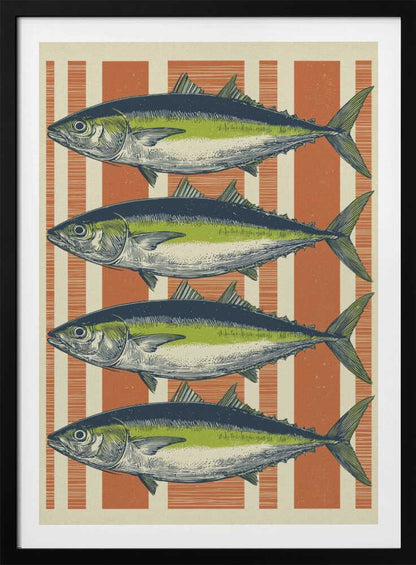 A vintage-style illustration of four identical fish, likely tuna, stacked horizontally against a background of vertical orange and off-white stripes. The fish are colored with blue backs, a lime green stripe, and a white underbelly, rendered in a detailed, retro print style. Print