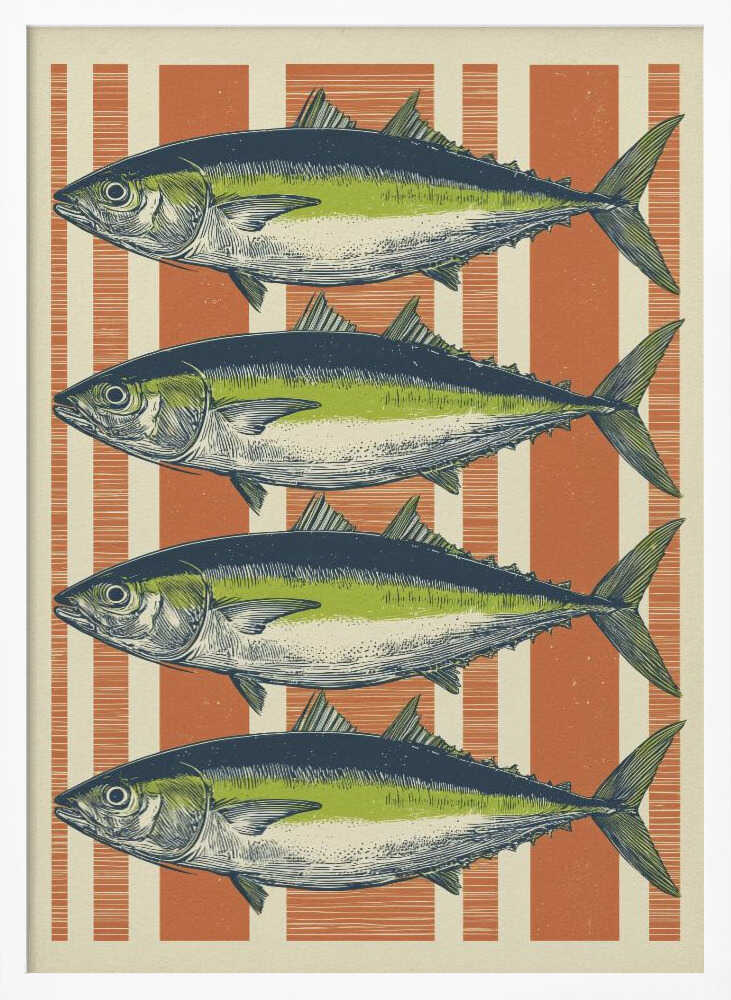 A vintage-style illustration of four identical fish, likely tuna, stacked horizontally against a background of vertical orange and off-white stripes. The fish are colored with blue backs, a lime green stripe, and a white underbelly, rendered in a detailed, retro print style. Print