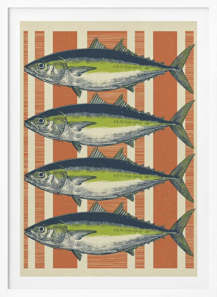 A vintage-style illustration of four identical fish, likely tuna, stacked horizontally against a background of vertical orange and off-white stripes. The fish are colored with blue backs, a lime green stripe, and a white underbelly, rendered in a detailed, retro print style. Print