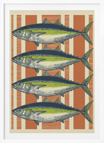 A vintage-style illustration of four identical fish, likely tuna, stacked horizontally against a background of vertical orange and off-white stripes. The fish are colored with blue backs, a lime green stripe, and a white underbelly, rendered in a detailed, retro print style. Print