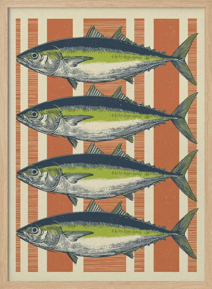 A vintage-style illustration of four identical fish, likely tuna, stacked horizontally against a background of vertical orange and off-white stripes. The fish are colored with blue backs, a lime green stripe, and a white underbelly, rendered in a detailed, retro print style. Print
