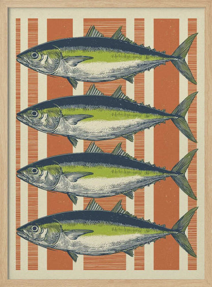 A vintage-style illustration of four identical fish, likely tuna, stacked horizontally against a background of vertical orange and off-white stripes. The fish are colored with blue backs, a lime green stripe, and a white underbelly, rendered in a detailed, retro print style. Print
