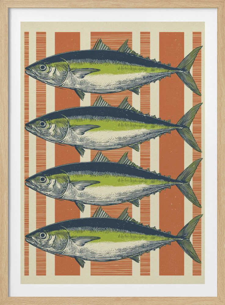 A vintage-style illustration of four identical fish, likely tuna, stacked horizontally against a background of vertical orange and off-white stripes. The fish are colored with blue backs, a lime green stripe, and a white underbelly, rendered in a detailed, retro print style. Print