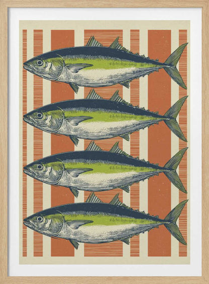 A vintage-style illustration of four identical fish, likely tuna, stacked horizontally against a background of vertical orange and off-white stripes. The fish are colored with blue backs, a lime green stripe, and a white underbelly, rendered in a detailed, retro print style. Print