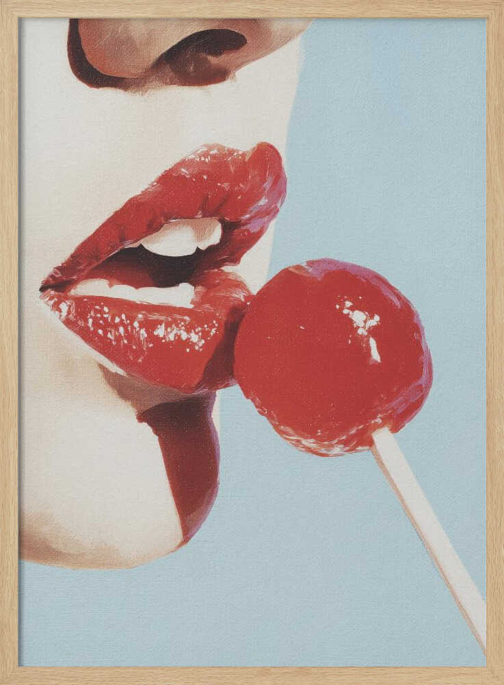 A pop art painting in a black frame, featuring a close-up of a woman's face in profile with bright red lipstick. Her lips are parted as she touches them to a round, red lollipop against a solid light blue background. Print