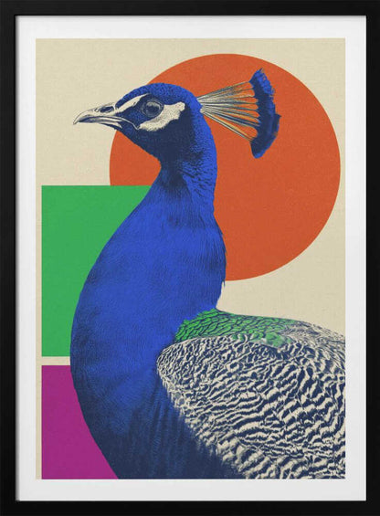 A modern graphic art poster featuring a profile view of a royal blue peacock against a cream-colored background with large geometric shapes, including an orange circle, a green rectangle, and a magenta rectangle. Wall Art