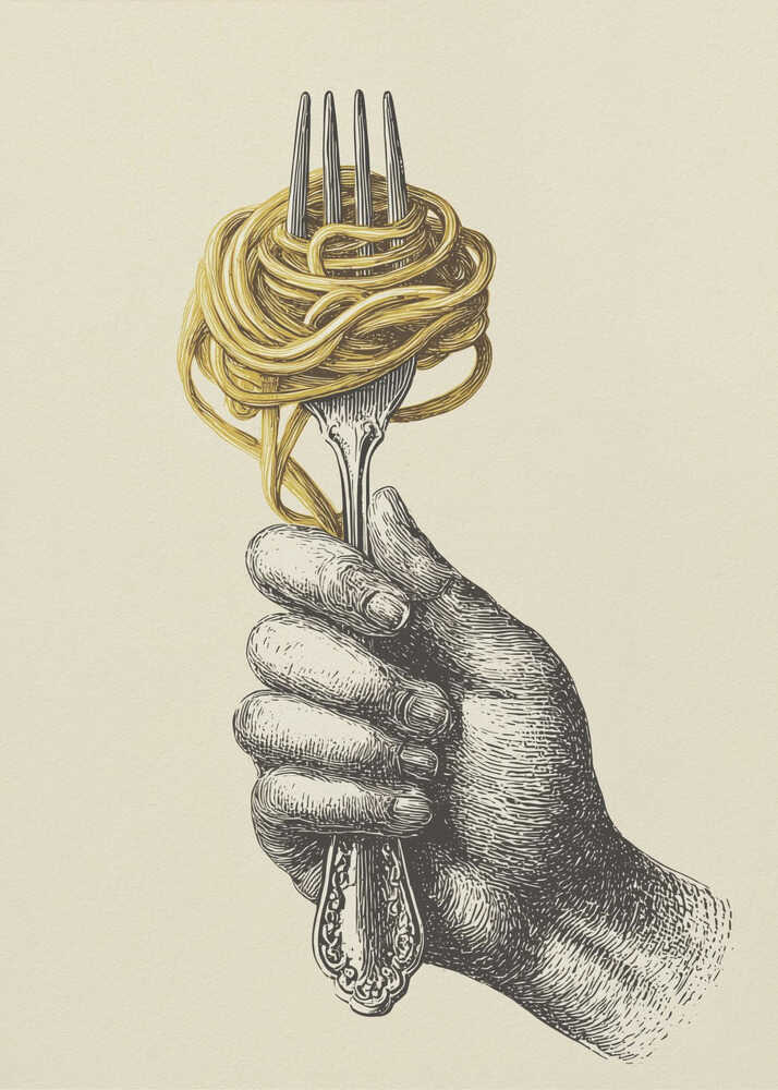A vintage-style illustration of a hand rendered in black ink holding an ornate fork. A large portion of golden-yellow spaghetti is twirled around the tines of the fork. The image is on a cream-colored background and is displayed in a simple black frame. Poster