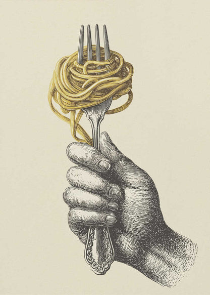 A vintage-style illustration of a hand rendered in black ink holding an ornate fork. A large portion of golden-yellow spaghetti is twirled around the tines of the fork. The image is on a cream-colored background and is displayed in a simple black frame. Poster