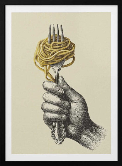 A vintage-style illustration of a hand rendered in black ink holding an ornate fork. A large portion of golden-yellow spaghetti is twirled around the tines of the fork. The image is on a cream-colored background and is displayed in a simple black frame. Poster