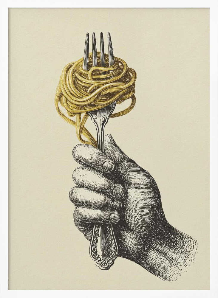 A vintage-style illustration of a hand rendered in black ink holding an ornate fork. A large portion of golden-yellow spaghetti is twirled around the tines of the fork. The image is on a cream-colored background and is displayed in a simple black frame. Poster