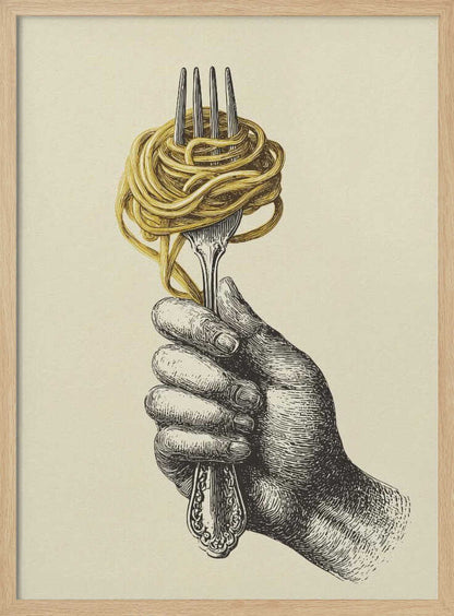 A vintage-style illustration of a hand rendered in black ink holding an ornate fork. A large portion of golden-yellow spaghetti is twirled around the tines of the fork. The image is on a cream-colored background and is displayed in a simple black frame. Poster