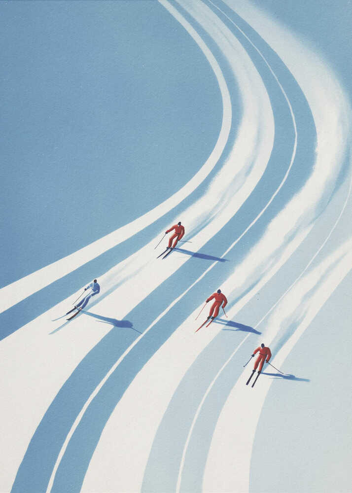Vintage style poster of four skiers racing down a curving snowy mountain slope.