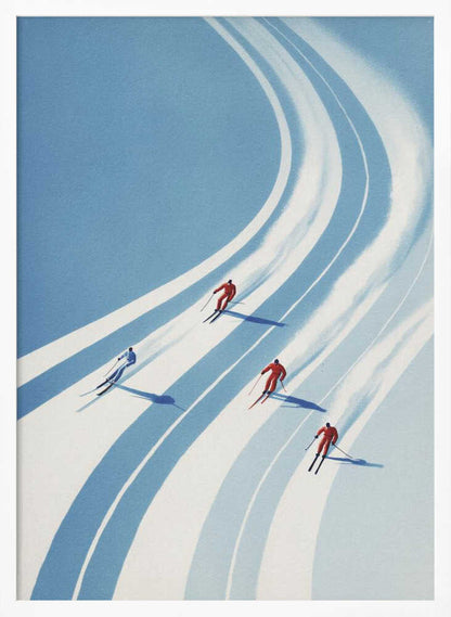 Vintage style poster of four skiers racing down a curving snowy mountain slope.