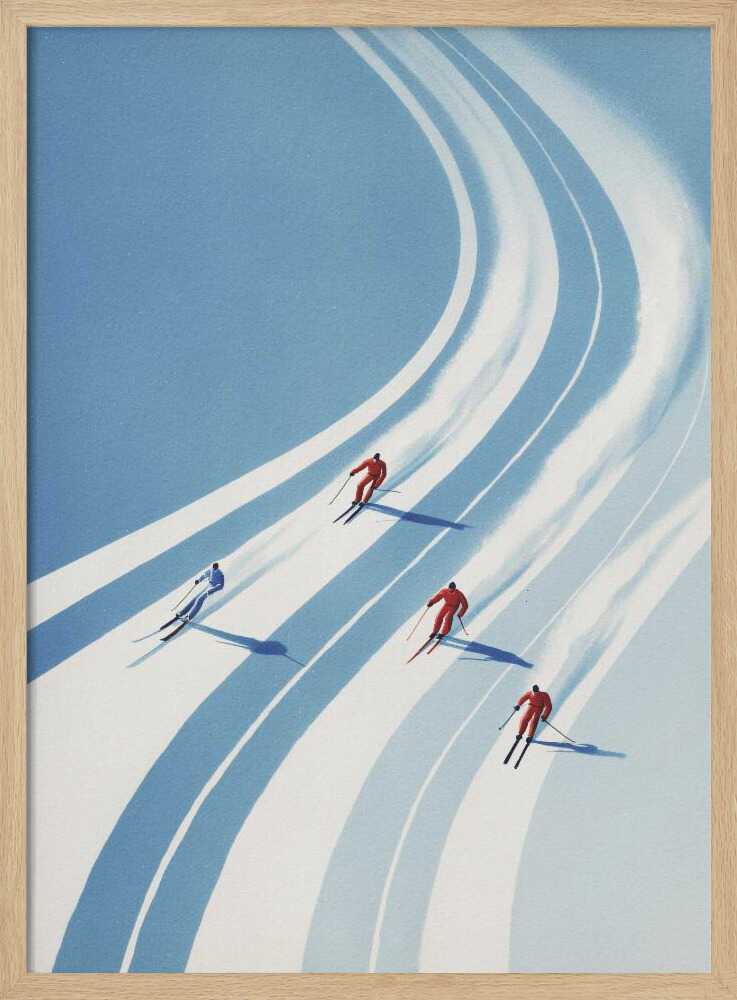 Vintage style poster of four skiers racing down a curving snowy mountain slope.