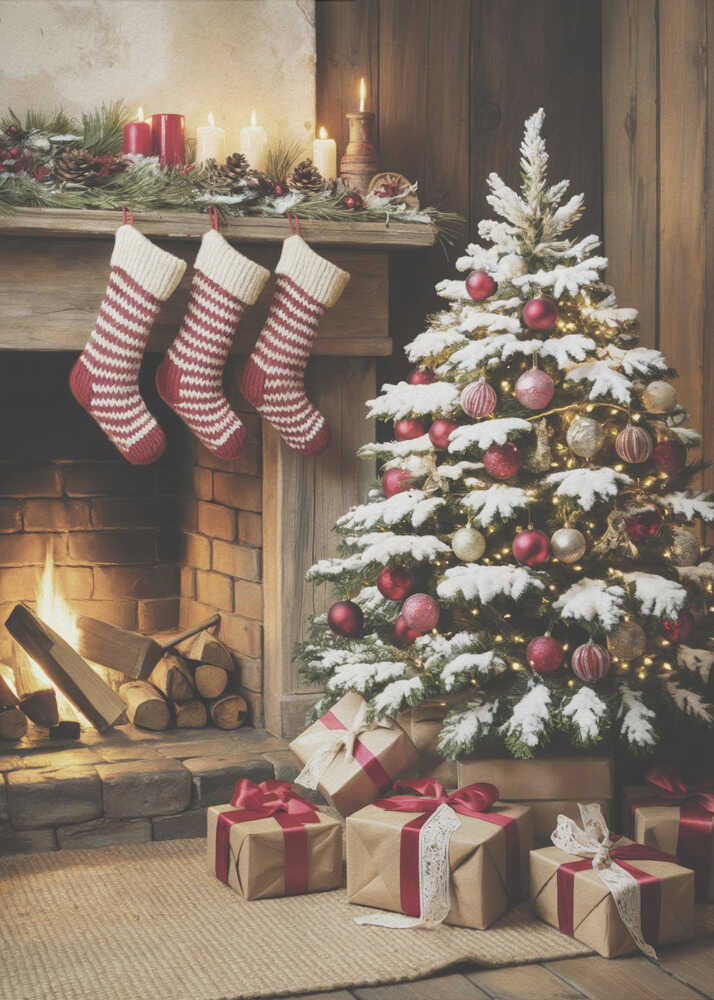 A cozy holiday scene depicting a decorated Christmas tree with red and gold ornaments next to a warm, lit fireplace. Three red and white striped stockings hang from the wooden mantel, and wrapped presents sit on the floor. Artwork