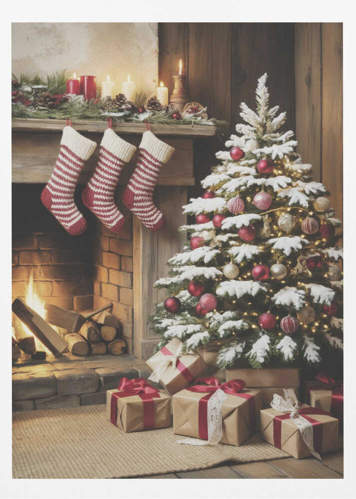 A cozy holiday scene depicting a decorated Christmas tree with red and gold ornaments next to a warm, lit fireplace. Three red and white striped stockings hang from the wooden mantel, and wrapped presents sit on the floor. Artwork