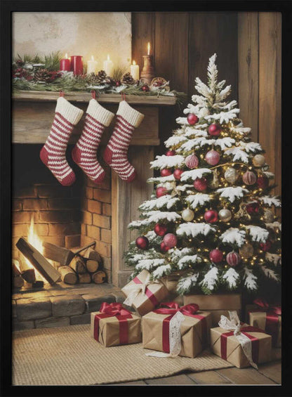A cozy holiday scene depicting a decorated Christmas tree with red and gold ornaments next to a warm, lit fireplace. Three red and white striped stockings hang from the wooden mantel, and wrapped presents sit on the floor. Artwork