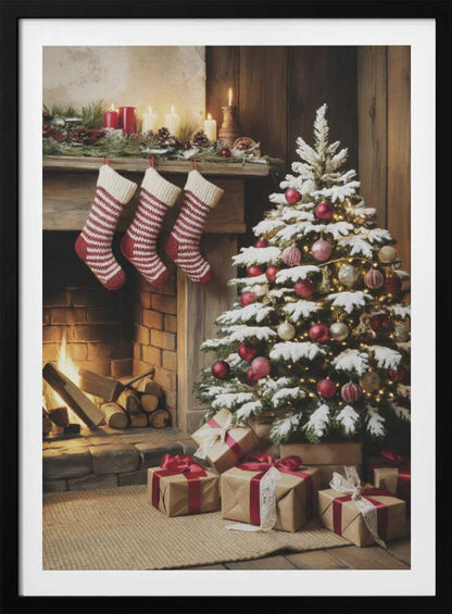 A cozy holiday scene depicting a decorated Christmas tree with red and gold ornaments next to a warm, lit fireplace. Three red and white striped stockings hang from the wooden mantel, and wrapped presents sit on the floor. Artwork