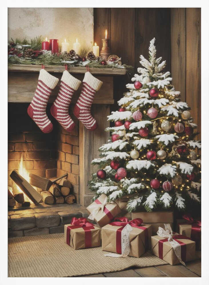 A cozy holiday scene depicting a decorated Christmas tree with red and gold ornaments next to a warm, lit fireplace. Three red and white striped stockings hang from the wooden mantel, and wrapped presents sit on the floor. Artwork