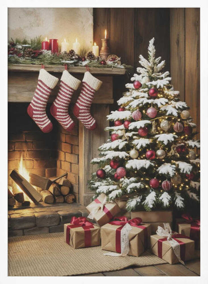 A cozy holiday scene depicting a decorated Christmas tree with red and gold ornaments next to a warm, lit fireplace. Three red and white striped stockings hang from the wooden mantel, and wrapped presents sit on the floor. Artwork