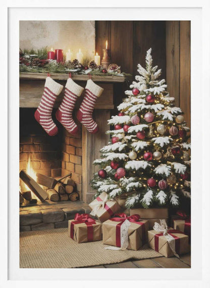 A cozy holiday scene depicting a decorated Christmas tree with red and gold ornaments next to a warm, lit fireplace. Three red and white striped stockings hang from the wooden mantel, and wrapped presents sit on the floor. Artwork