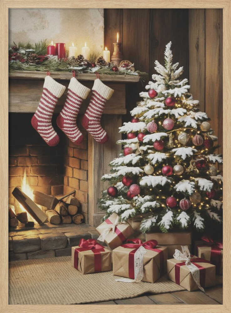A cozy holiday scene depicting a decorated Christmas tree with red and gold ornaments next to a warm, lit fireplace. Three red and white striped stockings hang from the wooden mantel, and wrapped presents sit on the floor. Artwork