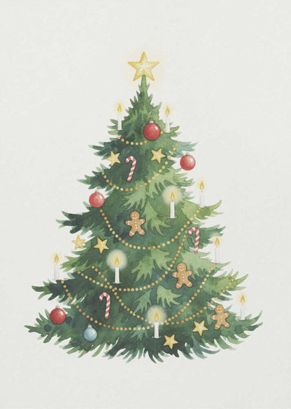 A watercolor illustration of a decorated Christmas tree against a white background, framed in black. The tree is adorned with a yellow star on top, red and blue baubles, candy canes, gingerbread men, small stars, and lit white candles. Wall Art
