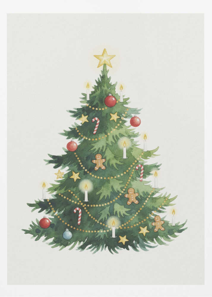 A watercolor illustration of a decorated Christmas tree against a white background, framed in black. The tree is adorned with a yellow star on top, red and blue baubles, candy canes, gingerbread men, small stars, and lit white candles. Wall Art