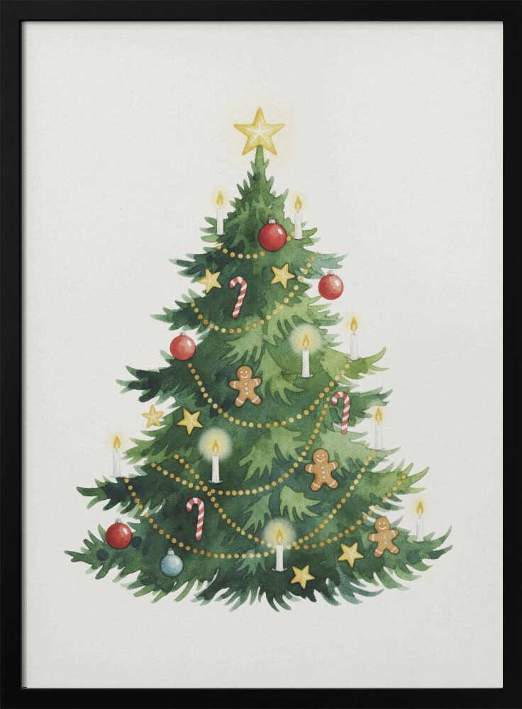 A watercolor illustration of a decorated Christmas tree against a white background, framed in black. The tree is adorned with a yellow star on top, red and blue baubles, candy canes, gingerbread men, small stars, and lit white candles. Wall Art