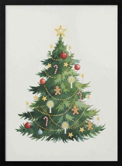 A watercolor illustration of a decorated Christmas tree against a white background, framed in black. The tree is adorned with a yellow star on top, red and blue baubles, candy canes, gingerbread men, small stars, and lit white candles. Wall Art