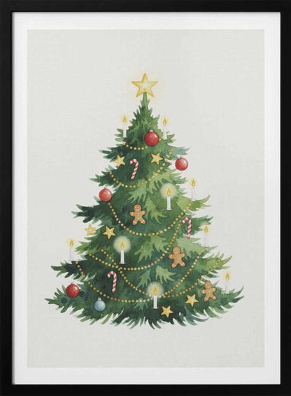 A watercolor illustration of a decorated Christmas tree against a white background, framed in black. The tree is adorned with a yellow star on top, red and blue baubles, candy canes, gingerbread men, small stars, and lit white candles. Wall Art