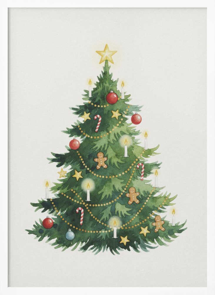 A watercolor illustration of a decorated Christmas tree against a white background, framed in black. The tree is adorned with a yellow star on top, red and blue baubles, candy canes, gingerbread men, small stars, and lit white candles. Wall Art