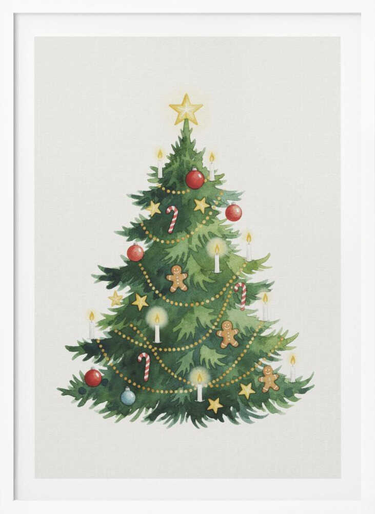 A watercolor illustration of a decorated Christmas tree against a white background, framed in black. The tree is adorned with a yellow star on top, red and blue baubles, candy canes, gingerbread men, small stars, and lit white candles. Wall Art