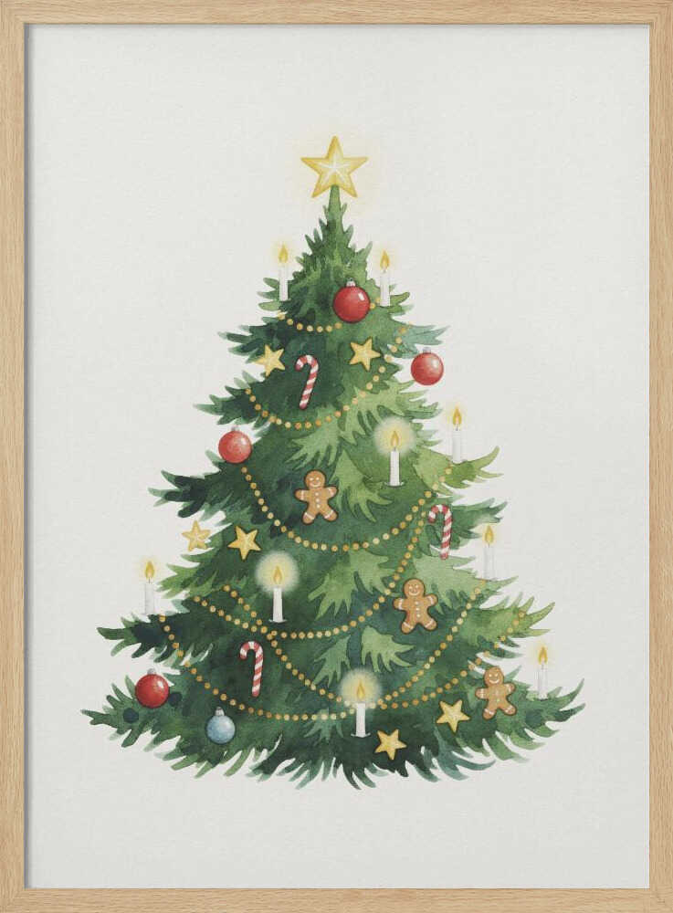 A watercolor illustration of a decorated Christmas tree against a white background, framed in black. The tree is adorned with a yellow star on top, red and blue baubles, candy canes, gingerbread men, small stars, and lit white candles. Wall Art