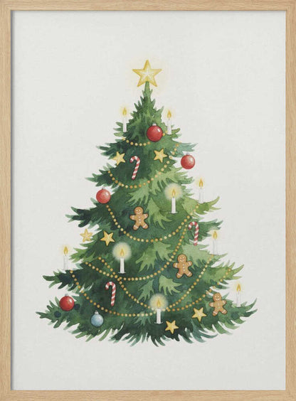 A watercolor illustration of a decorated Christmas tree against a white background, framed in black. The tree is adorned with a yellow star on top, red and blue baubles, candy canes, gingerbread men, small stars, and lit white candles. Wall Art