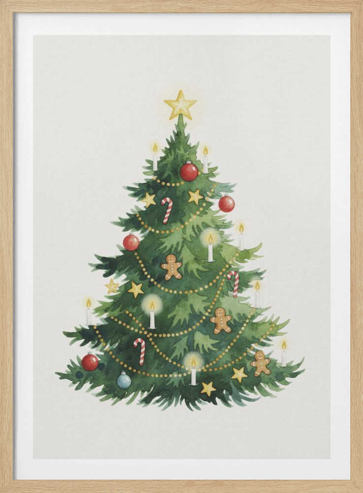 A watercolor illustration of a decorated Christmas tree against a white background, framed in black. The tree is adorned with a yellow star on top, red and blue baubles, candy canes, gingerbread men, small stars, and lit white candles. Wall Art