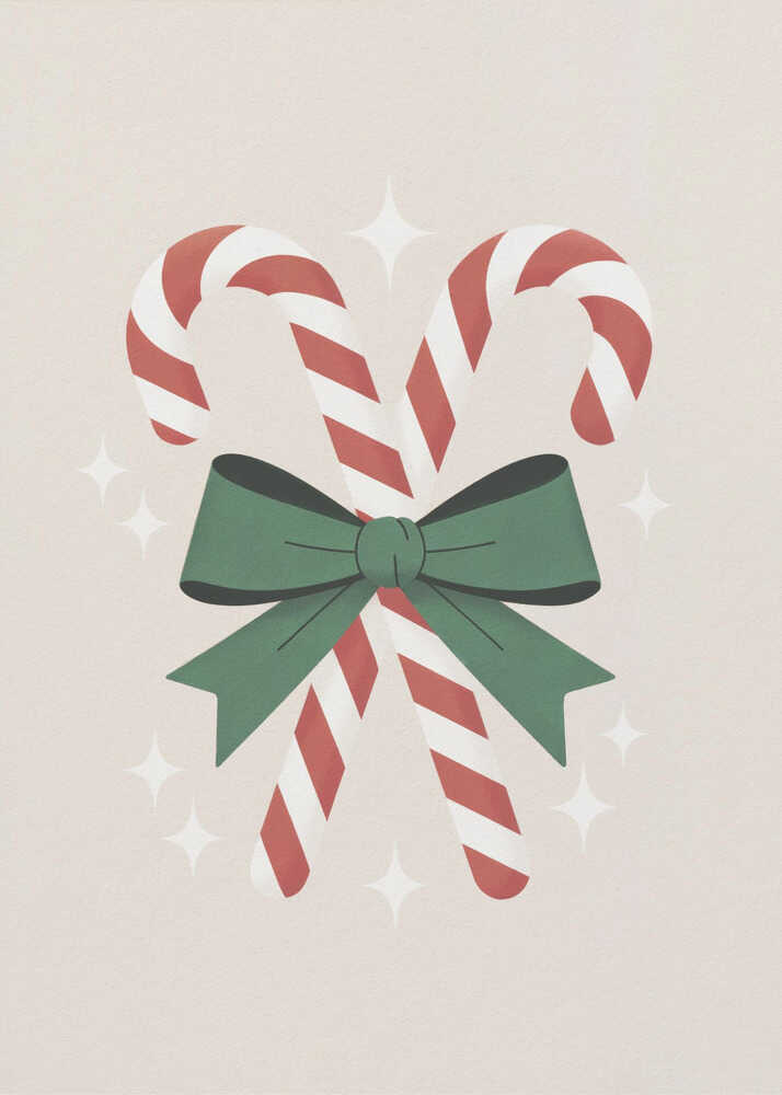 An illustration of two red-and-white striped candy canes crossed and tied together with a large green bow. The background is a soft beige color with small, white, four-pointed star sparkles. The artwork is shown in a black frame. Decor