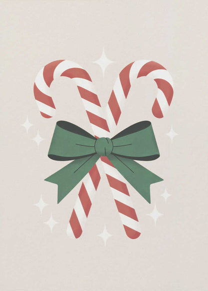 An illustration of two red-and-white striped candy canes crossed and tied together with a large green bow. The background is a soft beige color with small, white, four-pointed star sparkles. The artwork is shown in a black frame. Decor